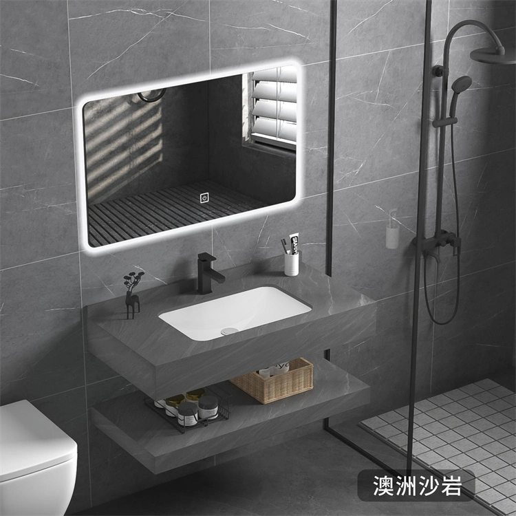 Rock Slab Multi Layer Solid Surface Wash Sink Bathroom Vanity Wash Basin Cabinet with LED Mirror